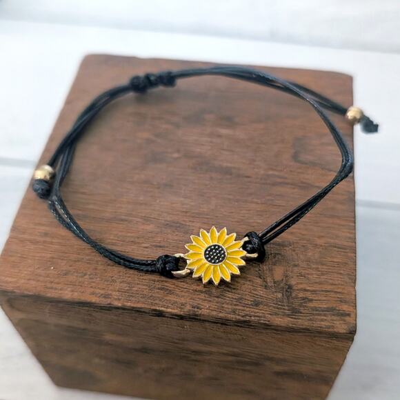Sunflower Charm Adjustable Bracelet on Black Cord - Picture 1 of 6
